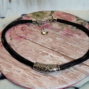 RALPH LAUREN Silver Plated Floral Bar Necklace Multiple Black Cords